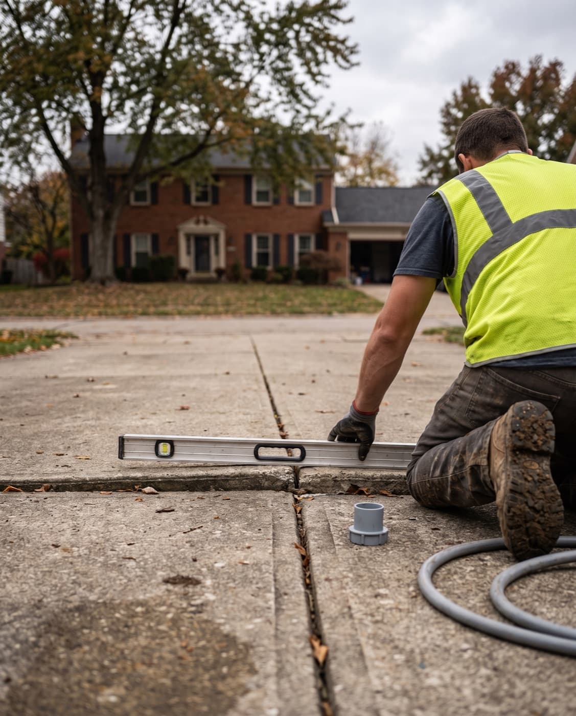 A contractor kneeling on a Cincinnati driveway, checking a sunken concrete slab seam with a level