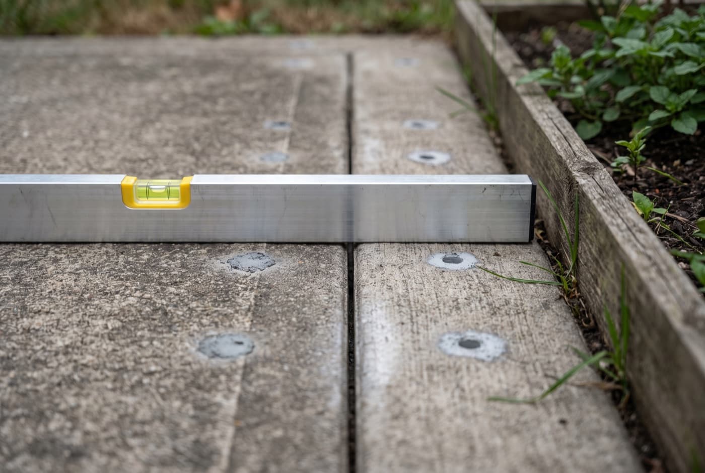 Two concrete walkway panels sitting flush after leveling, with a level resting across the seam